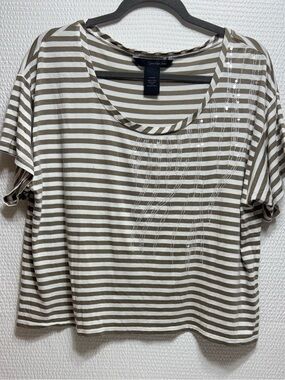 Calvin Klein  jeans Women's Taupe and White Striped Short Sleeve Scoop Neck Tee